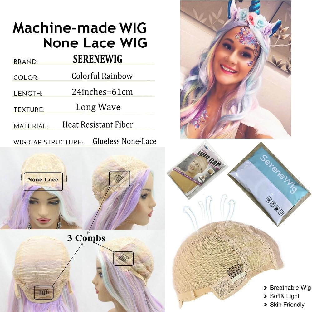 SERENEWIG Colorful Wigs Pastel Pink Purple Blue Green Blend Synthetic None-Lace Rainbow Wig Long Wave Glueless Heat Resistant Multi-color Machine Made Cosplay Halloween Wigs - Image 4