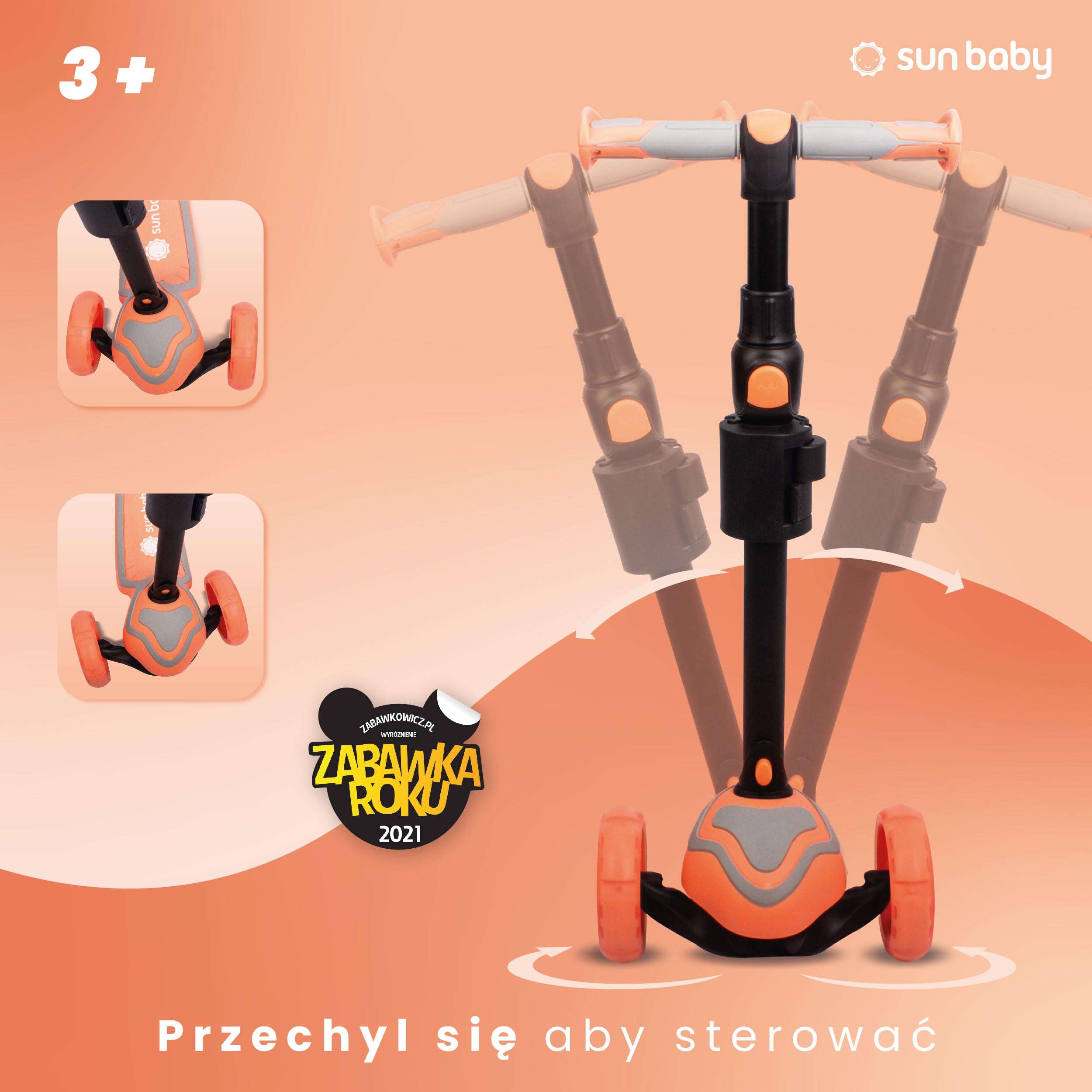 SUN BABY Hulajnoga 3-Kołowa dla Dzieci od 3 Roku Koła LED Regulowana | regulowana kierownica, skuter dziecięcy, stabilna konstrukcja, zabawa na świeżym powietrzu, rozwój równowagi