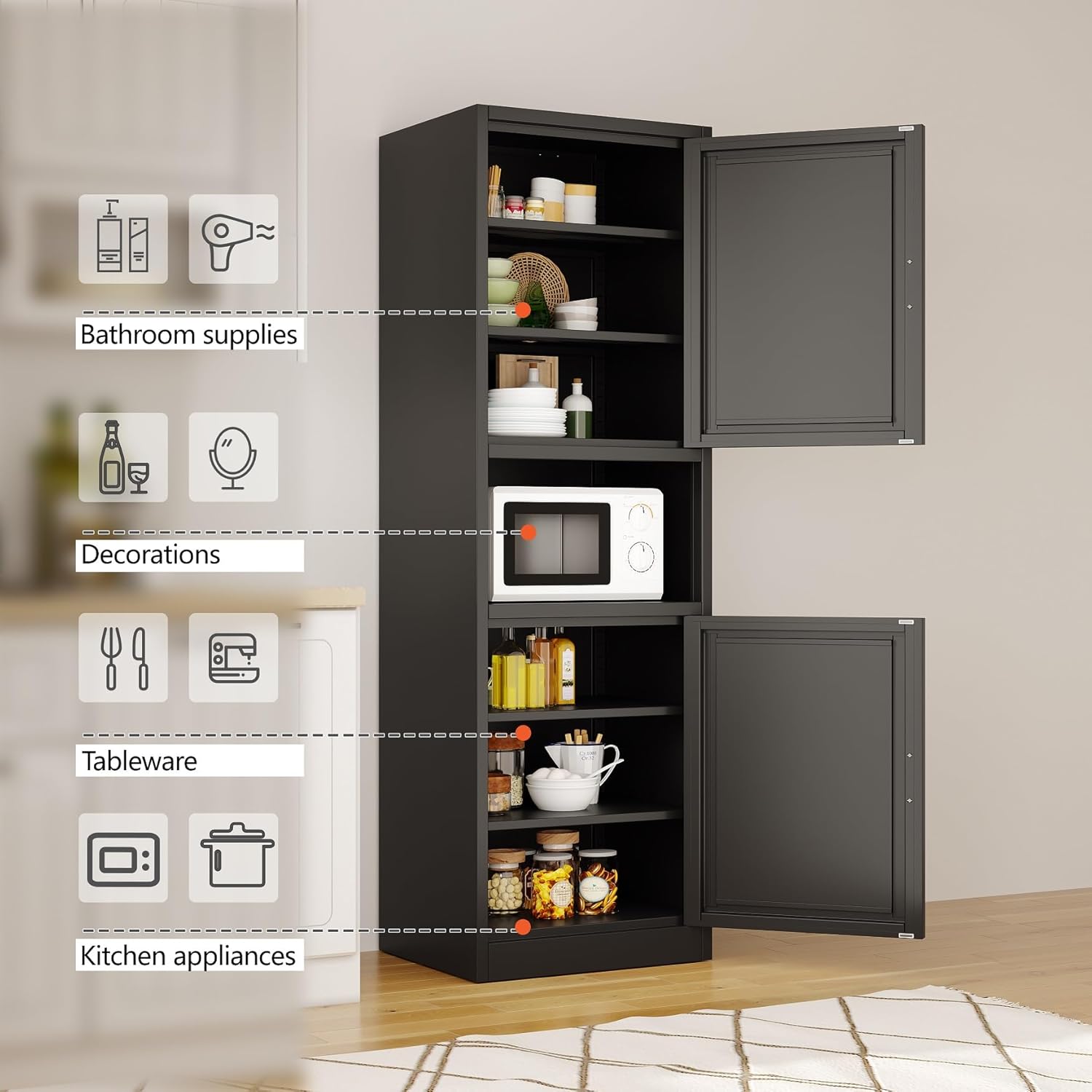 67" Metal Storage Cabinet, Steel Corner Floor File Cabinet with 2 Doors and Adjustable Shelves, Kitchen Pantry Storage for Bathroom, Living Room, Black, 15.75" D x 19.69" W x 66.93" H