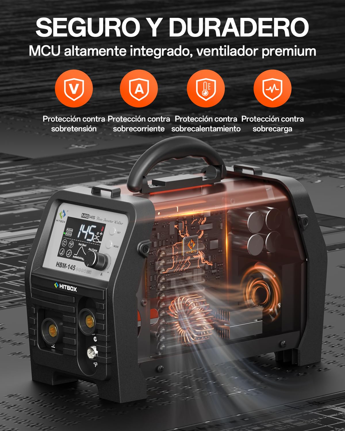 HITBOX Máquina de Soldar 145A 230V 4 en 1 Soldador de Hilo Sin Gas (MIG/MMA E-Hand/LIFT TIG/Spool Gun) Soldadora Inversor IGBT,Pantalla LED Acero al 0.8-1.0mm para Soldar Aleación, Acero, Hierro