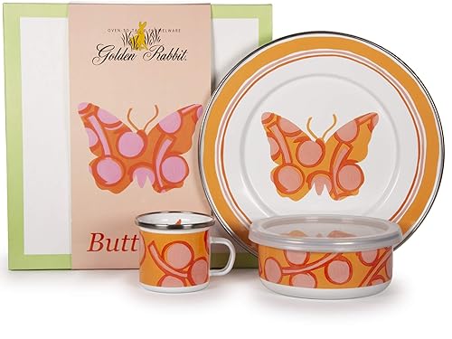 Golden Rabbit Enamelware - Patrón de mariposa - Juego de cena infantil de 3 piezas