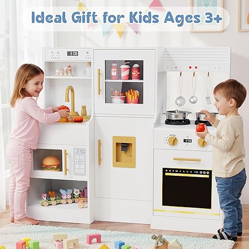 Miniatura 7 de MAMIZO Cocina de juego de madera para niños, juego de cocina de juguete para niños, juego de cocina interactivo grande con 6 utensilios de cocina,