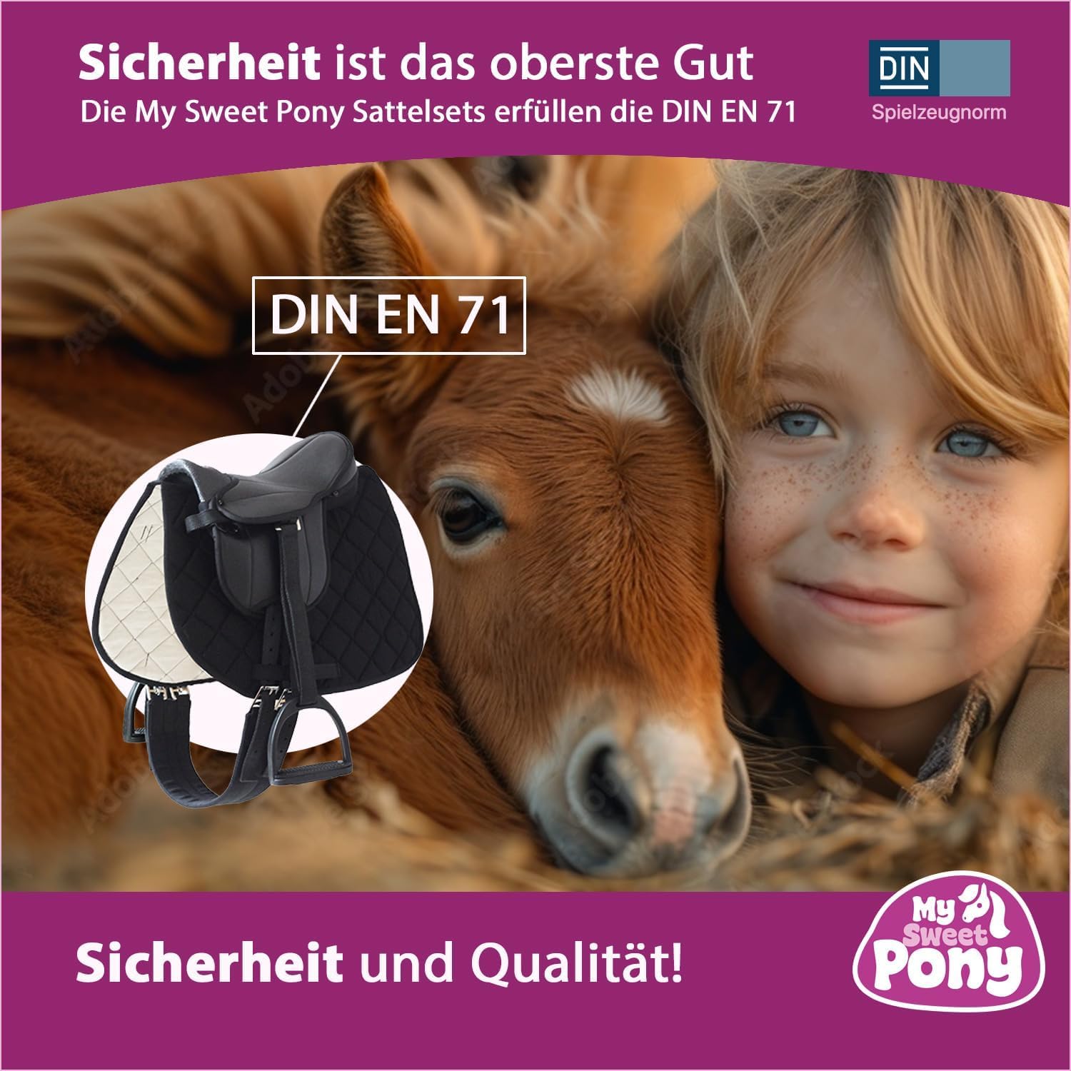 My Sweet Pony® Kinder Shetty Sattel-Set + Trense + Gebiss + Zügel | für Pony Shetty und Holzpferd | Alles enthalten | Komplett-Set | Ideal für erste Reitversuche | Sattel DIN geprüft