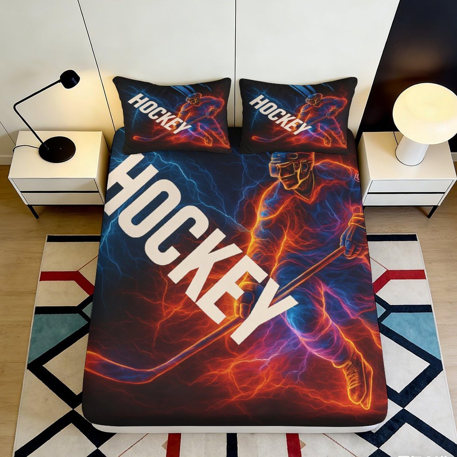 3D Printed Hockey Player Fitted Sheet Microfiber Soft Bed Cover Electric Lightning Mattress Protector for Bedroom Dorm Decor 200x200x25cm