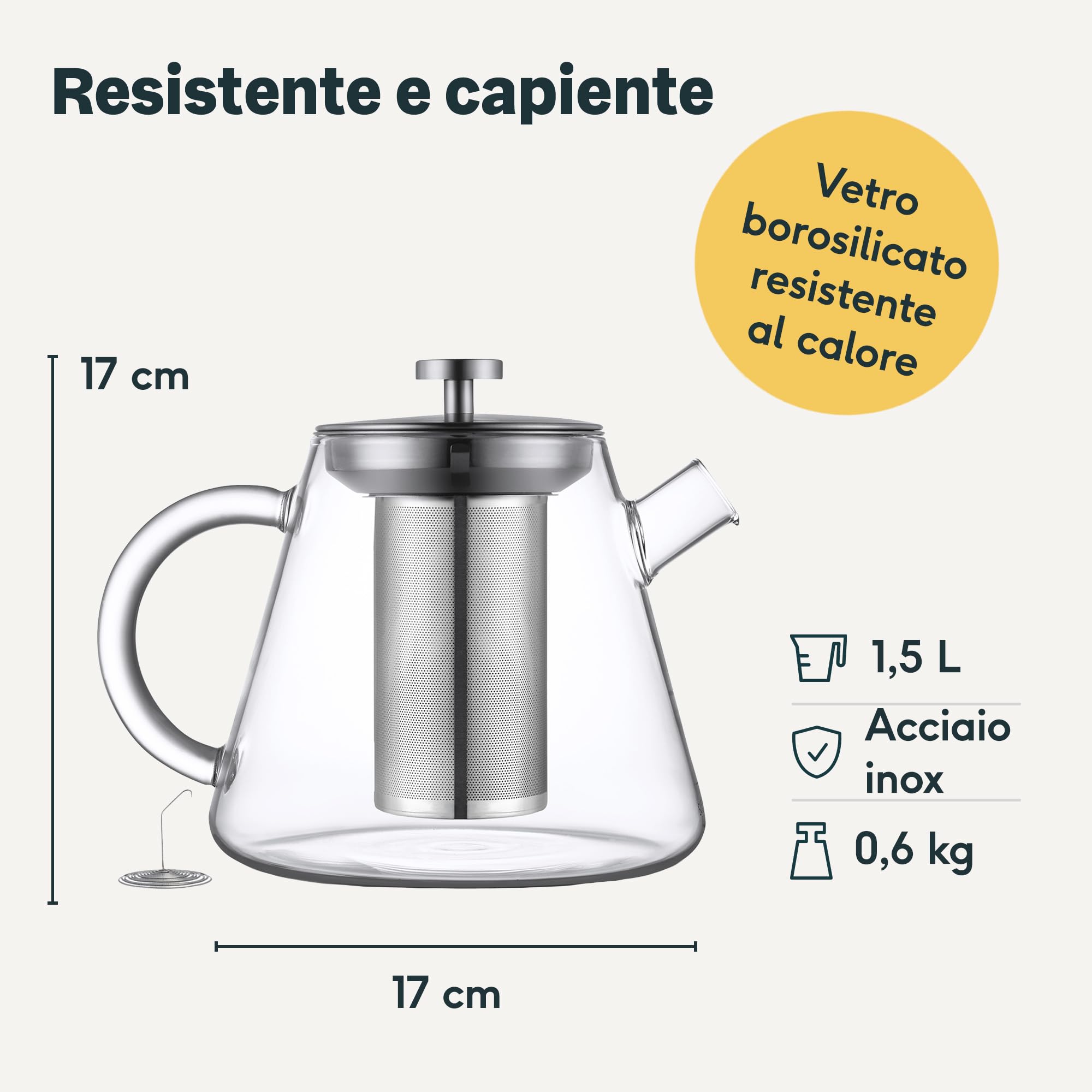 SILBERTHAL Teiera con infusore 1,5 Litri - Vetro borosilicato e acciaio inox - Con scalda teiera