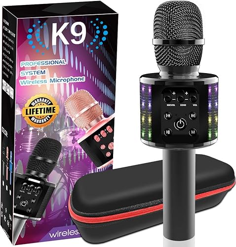 Micrófono de karaoke inalámbrico Bluetooth con luces LED controlables, micrófono divertido portátil de mano para niños con doble canción, adecuado