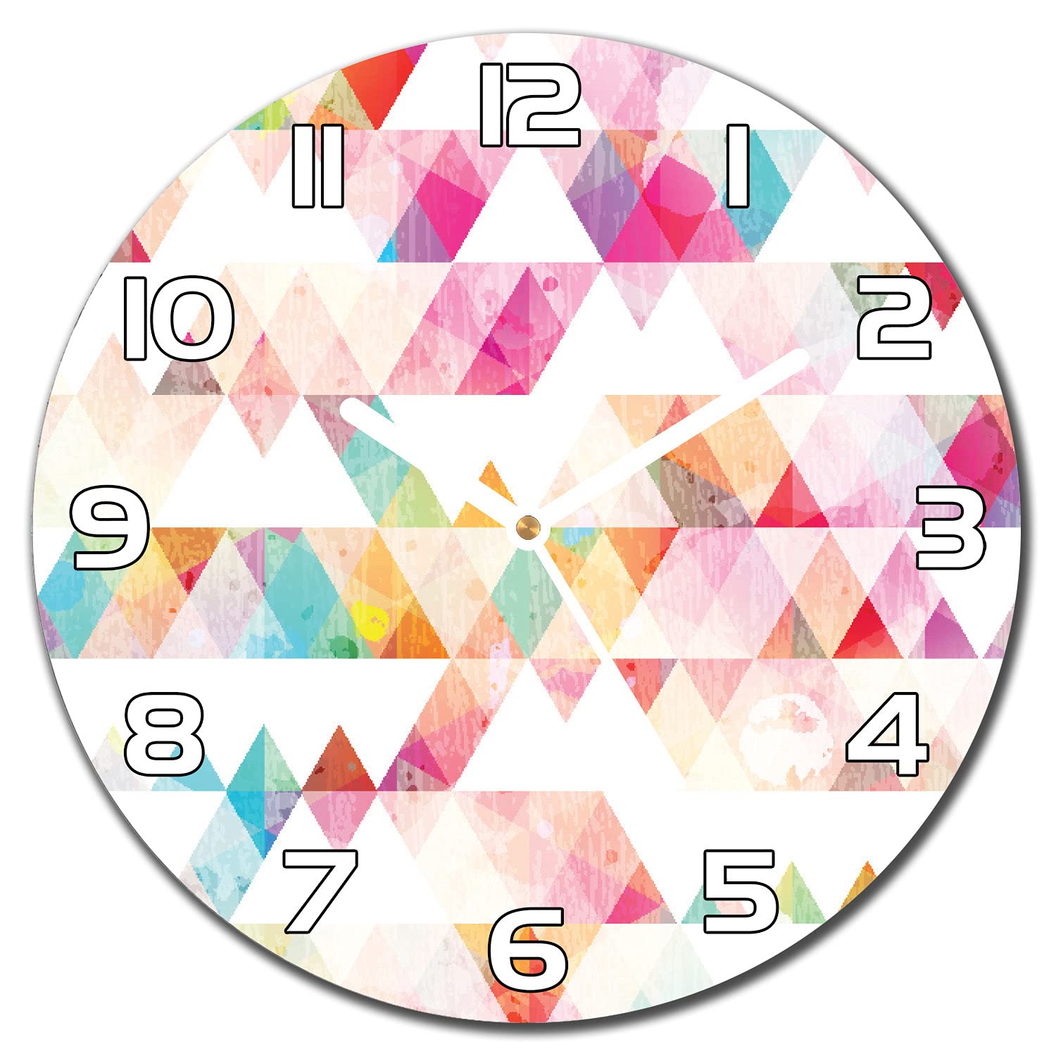 Horloge en verre Coloray 30 cm avec aiguilles blanches et motif géométrie de triangle arc-en-ciel