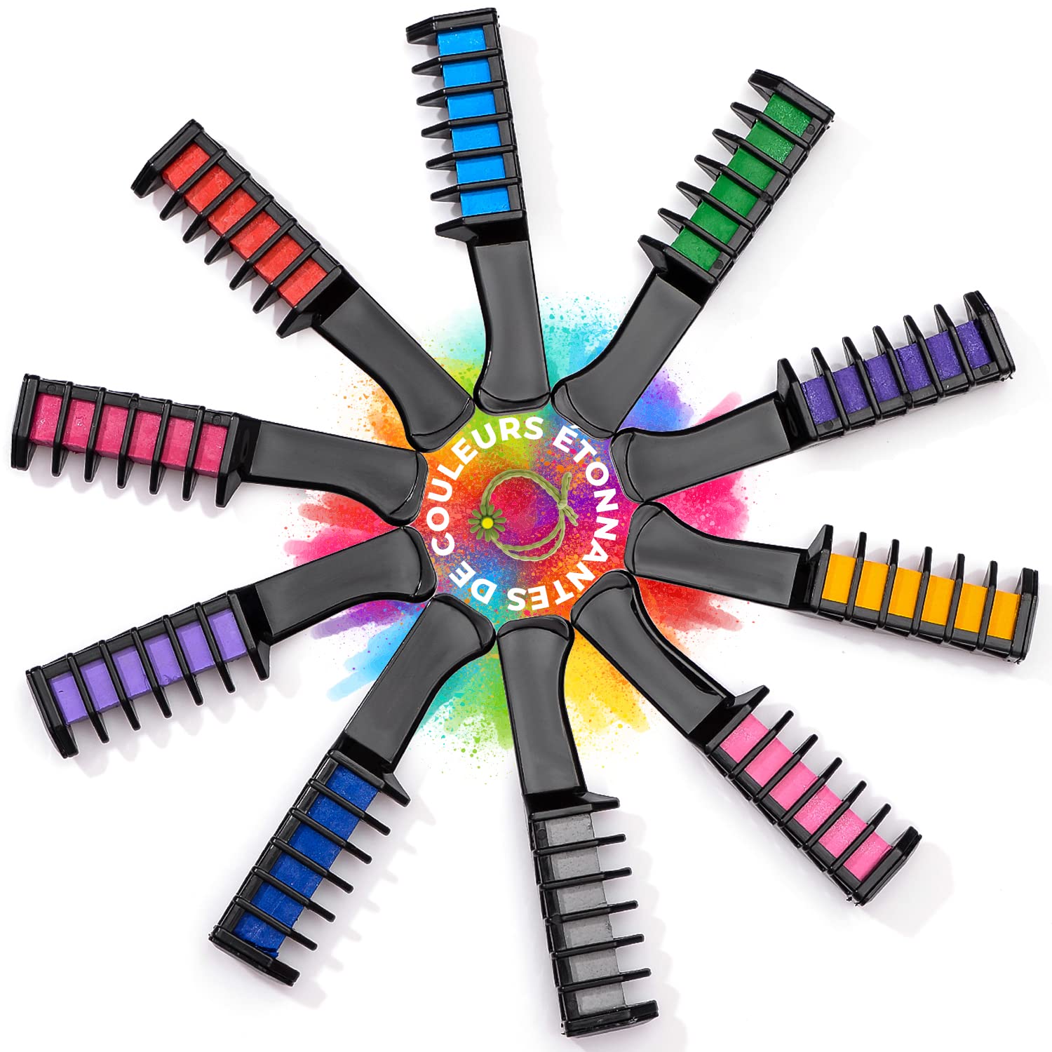 Magicat PEIGNE À CRAIE POUR CHEVEUX Set - 10 couleur de cheveux pour enfants et 5 élastiques I Pour anniversaire ou cadeaux pour filles I Couleur lavable I Accessoires de cheveux