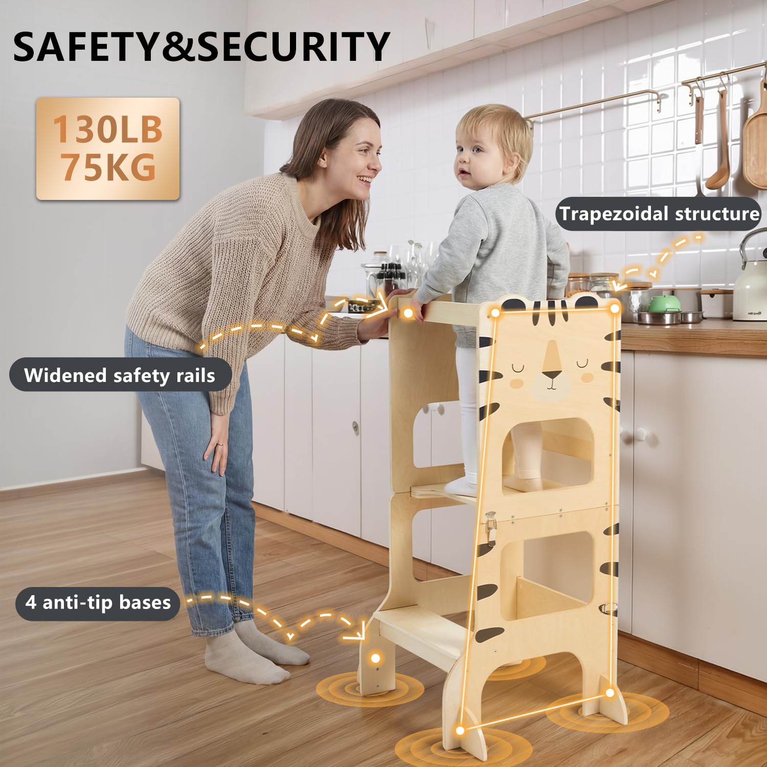 labebe lernturm für Kinder, klappbar Montessori Learning Tower, 3 in 1 lernstuhl Kinder mit Message Boards ab 1 Jahr-Tiger