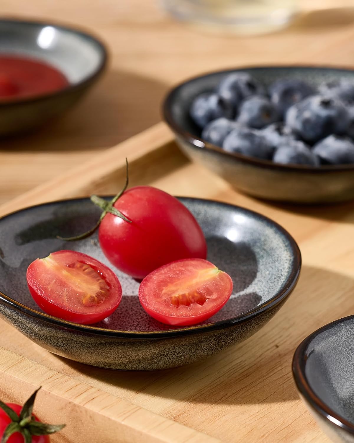 famiware Ocean Soy Sauce Dishes of 6, Oval Dipping Sauce Cups/Bowls/Dishes for Kitchen, 2.1oz Ceramic Small Bowls for Side Dish, Appetizers, Snacks, and Sushi, Reactive Glaze, Deep Forest