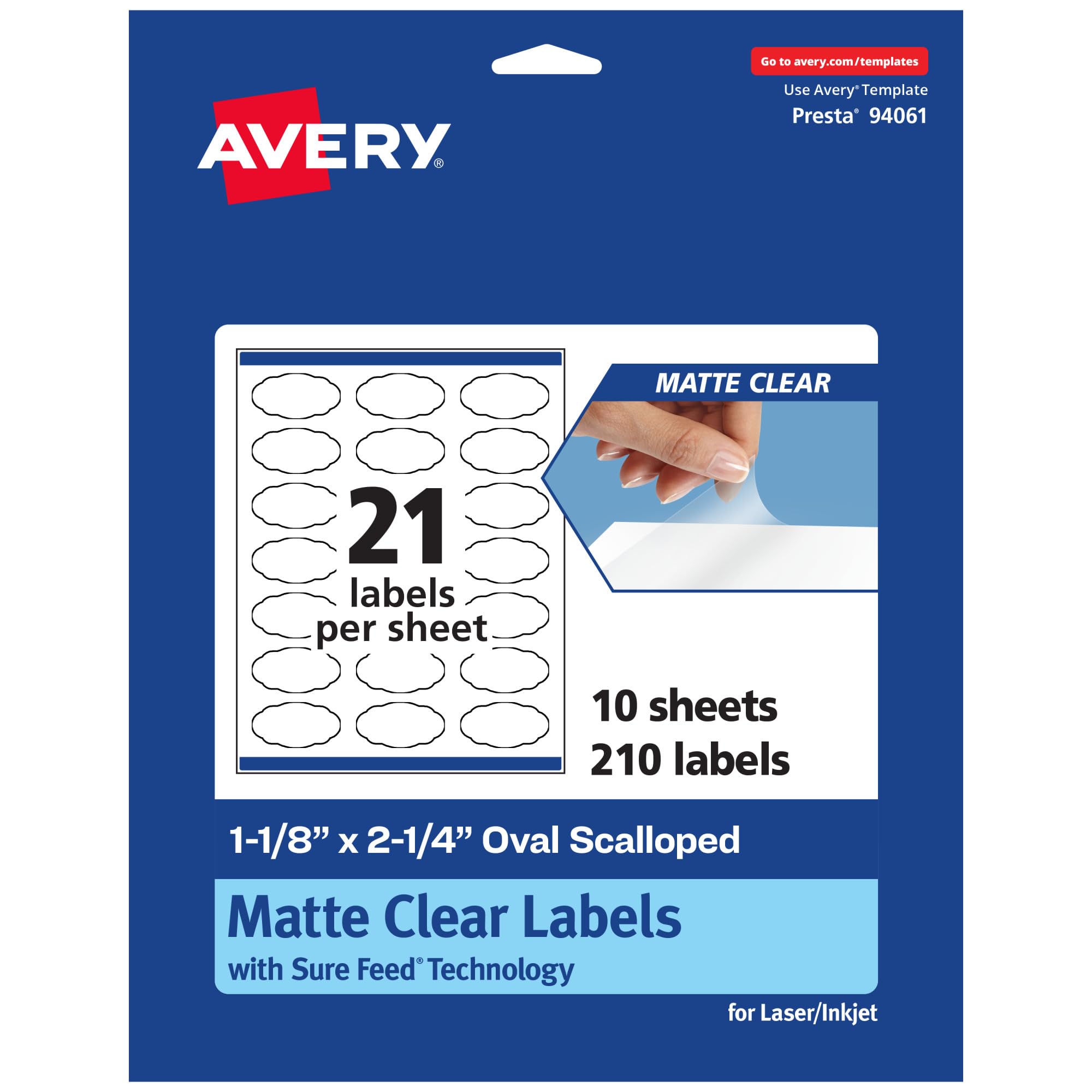 Avery Matte Clear Oval Scalloped Labels, Sure Feed Technology, 1-1/8" x 2-1/4", 210 Matte Clear Labels, Print-to-The-Edge, Laser/Inkjet Printable