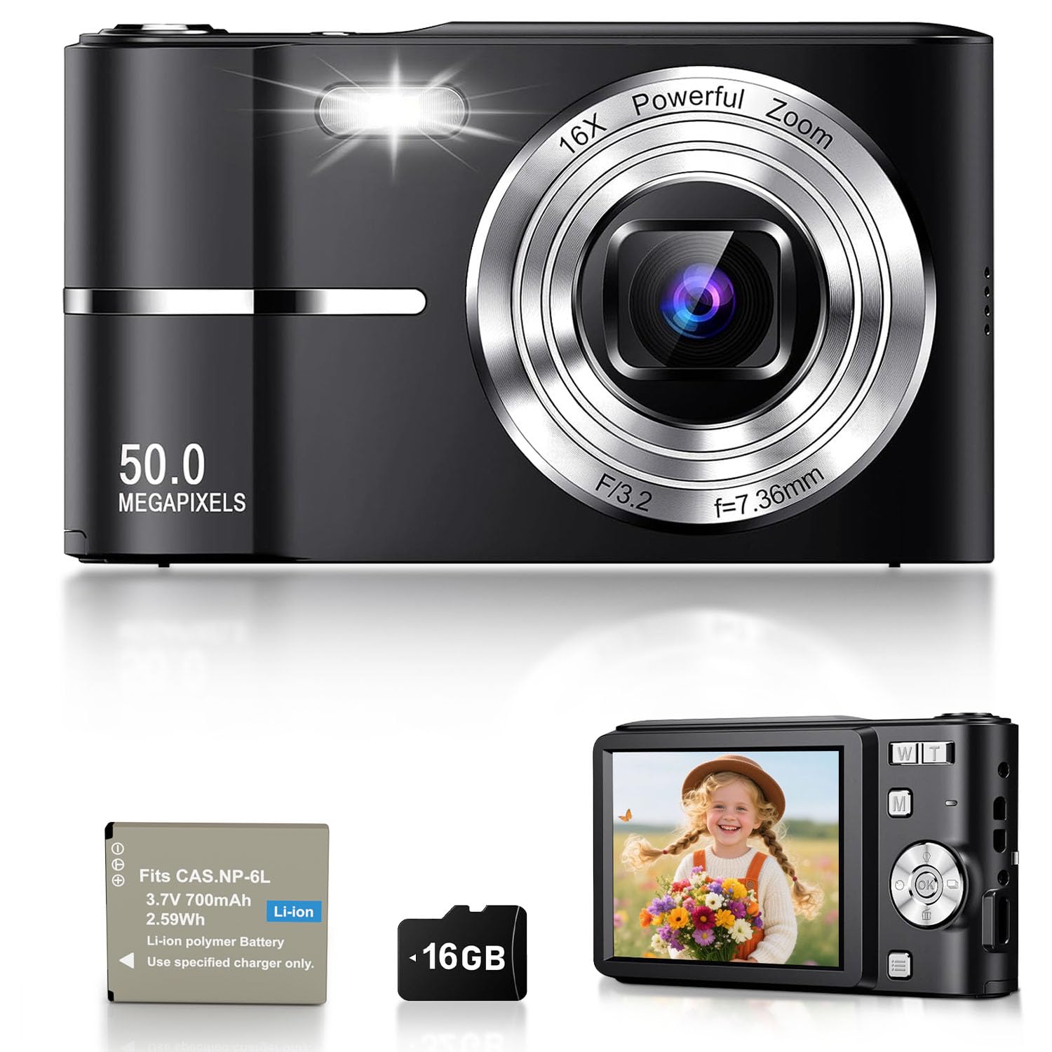 Appareil Photo Numérique 50MP 1080P, Compact Appareil Photo avec Carte 32Go, Écran 2,4”, Zoom Numérique 16X, Mini Camera Vlog pour Enfants, Adolescents, Étudiants, Cadeau d'anniversaire Vacances-Noir