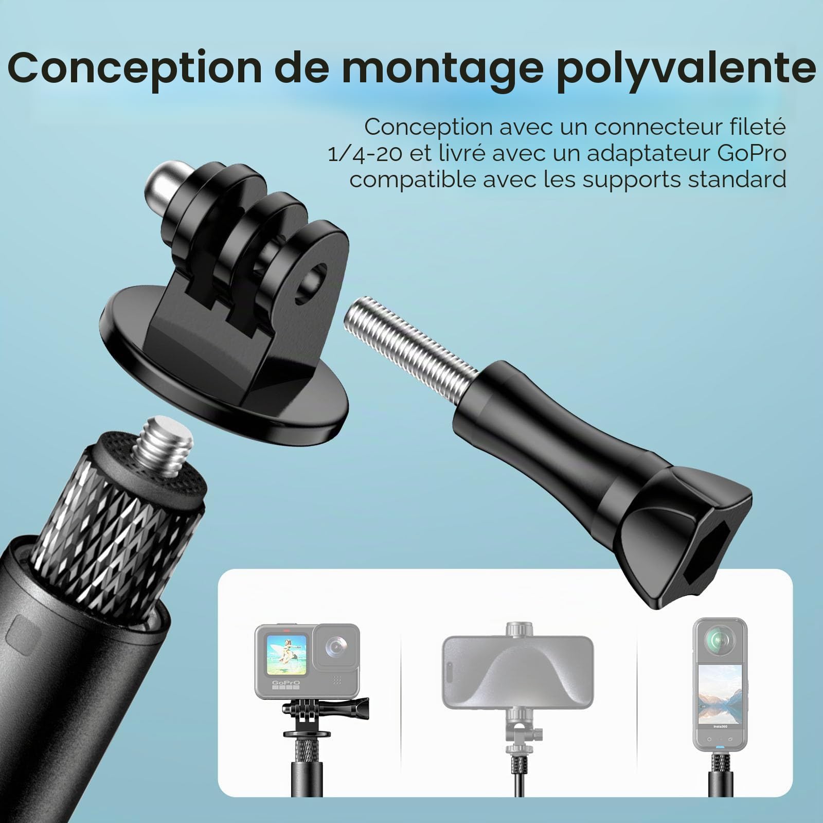 Perche à Selfie Invisible pour GoPro, Perche à Selfie Télescopique Portable 70.8in/1.8m Perche Etanche pour Hero 7/8/9/10/11, DJI Osmo Action 4/3, Insta360 X5