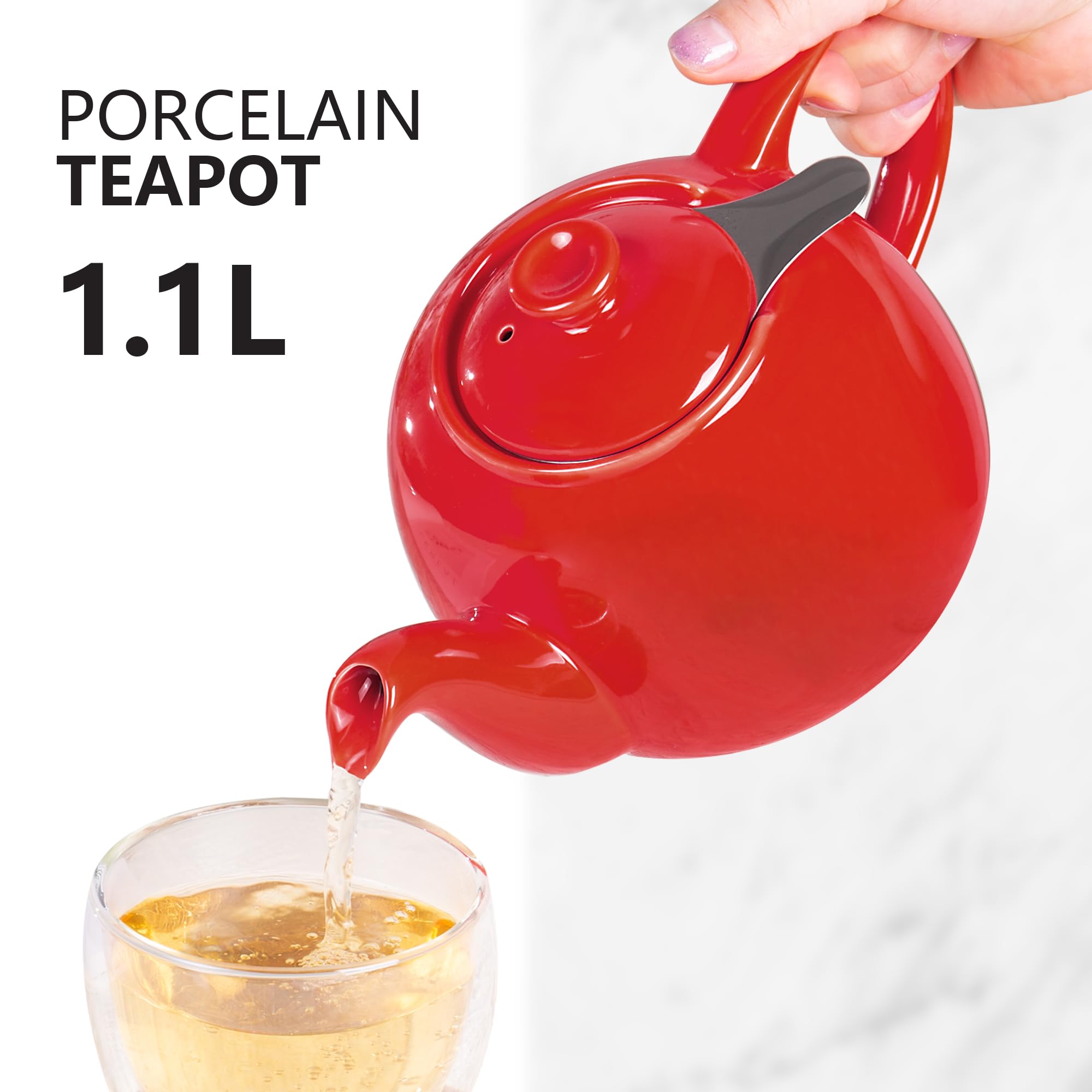 URBAN LIFESTYLE Porcelain Teapot 1.1 L with Infuser Tea Pot for Loose Tea Leaves Ceramic Teapot Red Anti-Drip Design (Swansea) - Image 2