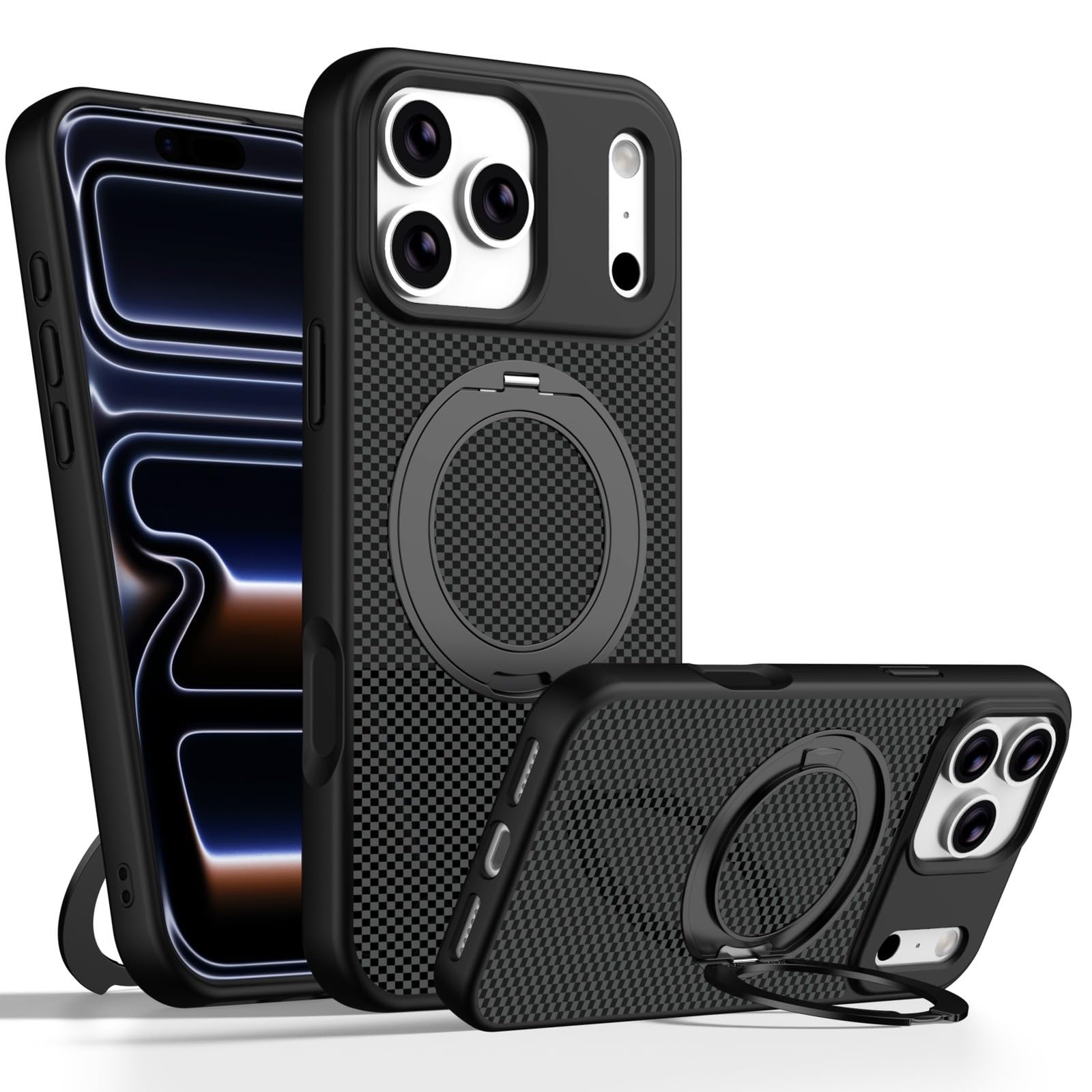 Coque rigide iPhone 16 Pro Max finition carbone et support magnétique
