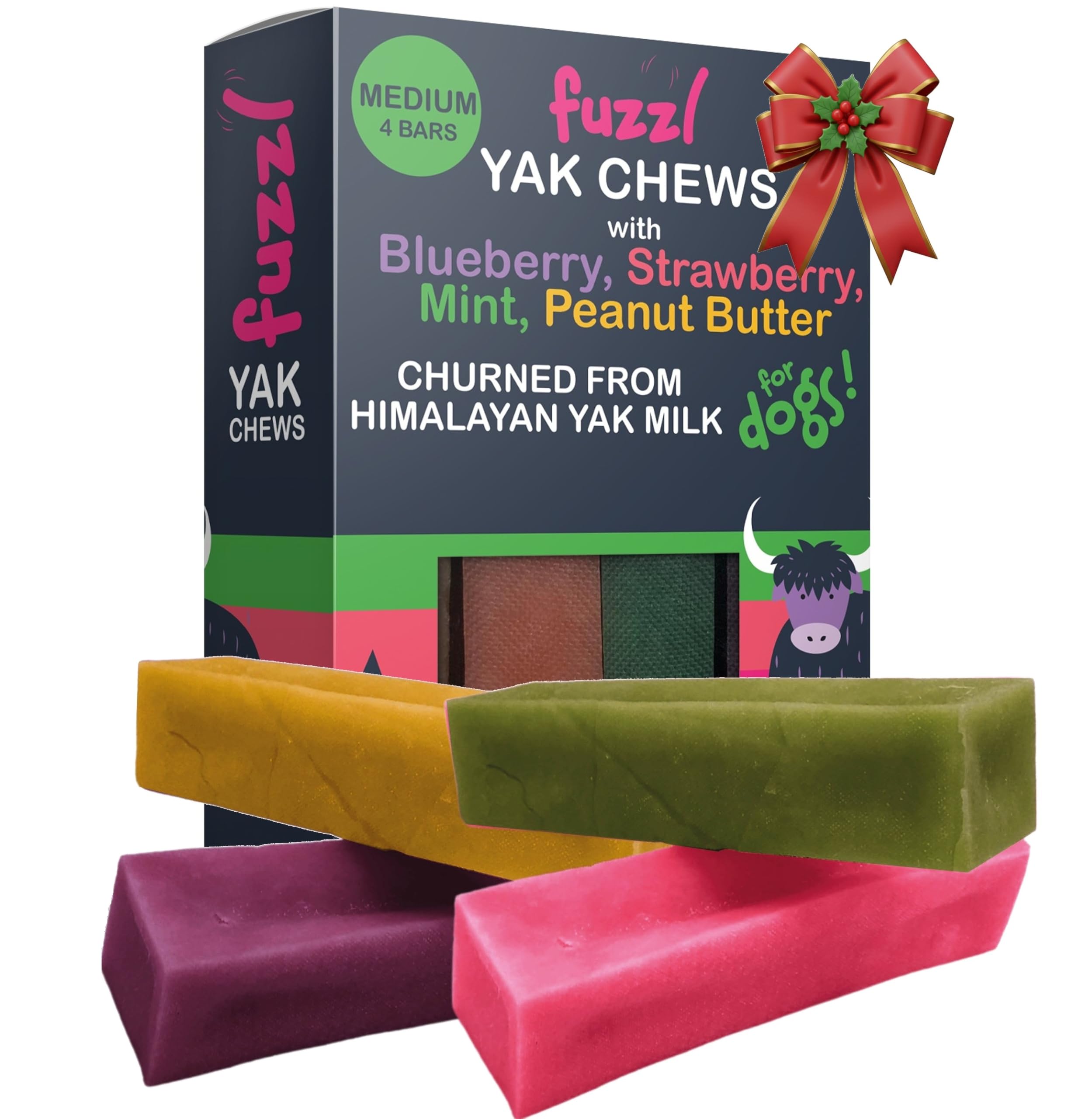 Fuzzl Yak Cheese Himalayan Dog Chews in Box Medium Blueberry, Strawberry, Mint, Peanut Butter Yak Chews