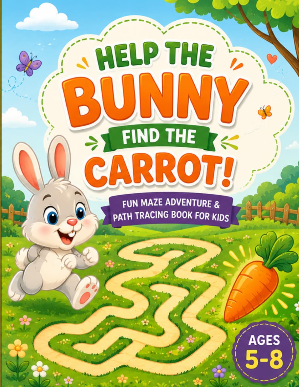 Help the Bunny Find the Carrot! – Fun Maze Adventure & Path Tracing Book for Kids Ages 5–8: A Cute Activity Book Full of Easy Mazes, Tracing Paths, and Brain-Boosting Challenges for Early Learners