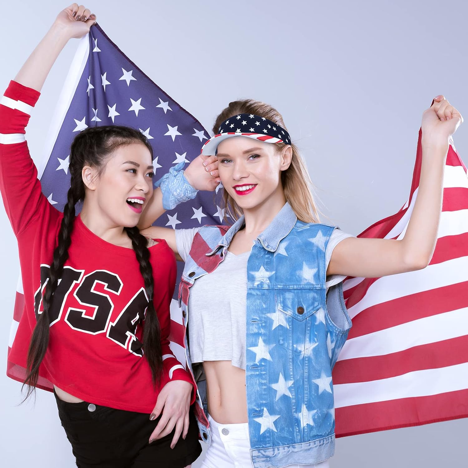 Yahenda 12 Pcs American Flag Hat Patriotic Day Visors 4th of July Hat for Women Men Red White and Blue Sun Visor(US Flag)