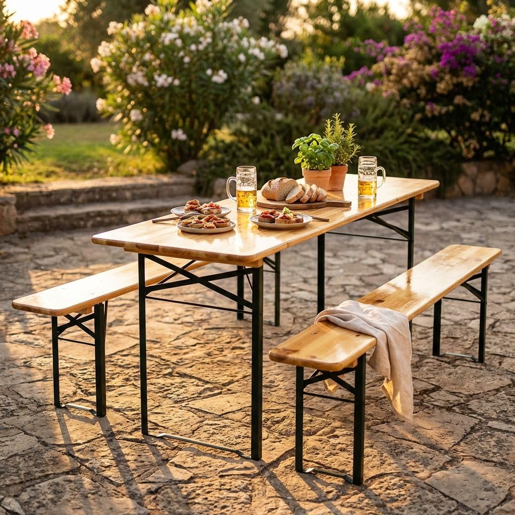 milani home - set birreria tavolo e panche, legno, tavolo e 2 panche, 8 posti, marrone e verde, piano 200 x 70 cm