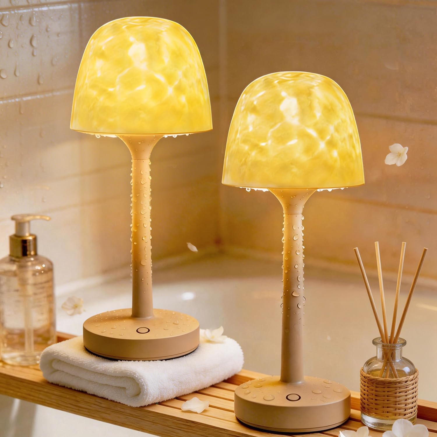 2 Pack Spa-Like Waterproof Bathroom Shower Lamp with 16 Color Ocean Wave Projector, 2-in-1 Rechargeable Shower Lamp with Touch & Remote Control, Cordless Night Light for Inside Shower