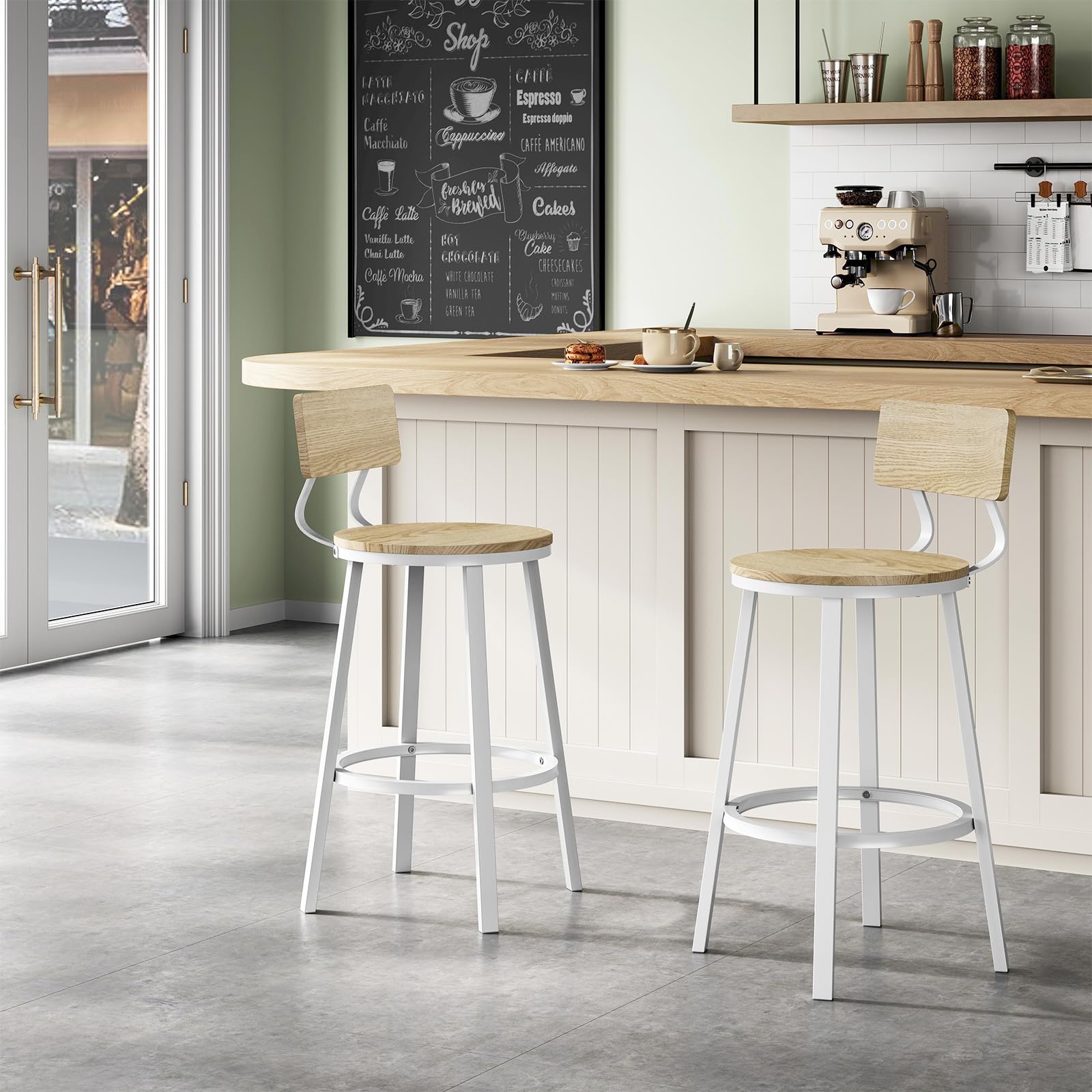 WOLTU Tabouret Bar Lot de 2, Chaise de Bar avec Repose-Pieds et Dossier, Tabourets Haut pour Îlot Central Cuisine, Salle à Manger, Café, Comptoir, en Métal, Chêne Clair