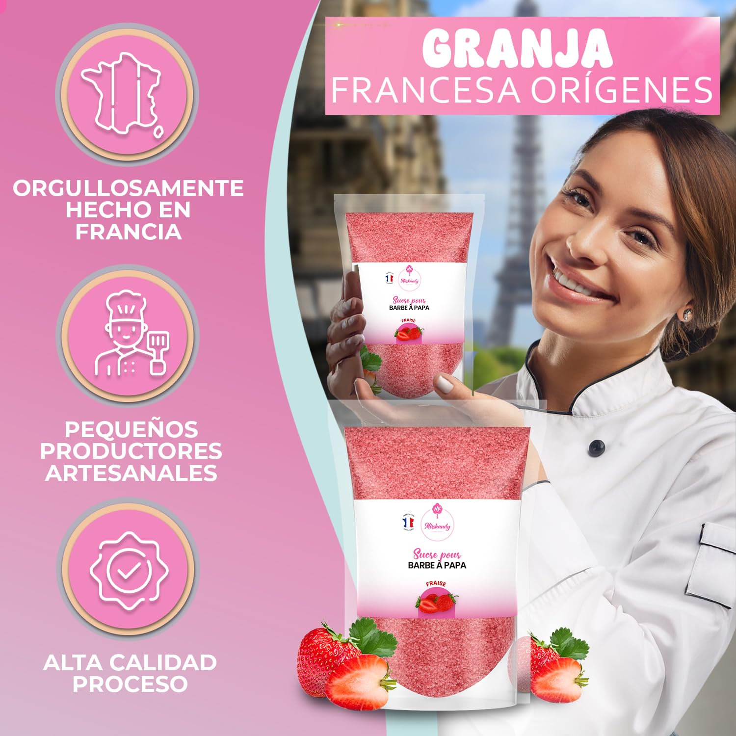Misskandy Azúcar para Algodón de Azúcar Fresa 500GR Sabores Naturales
