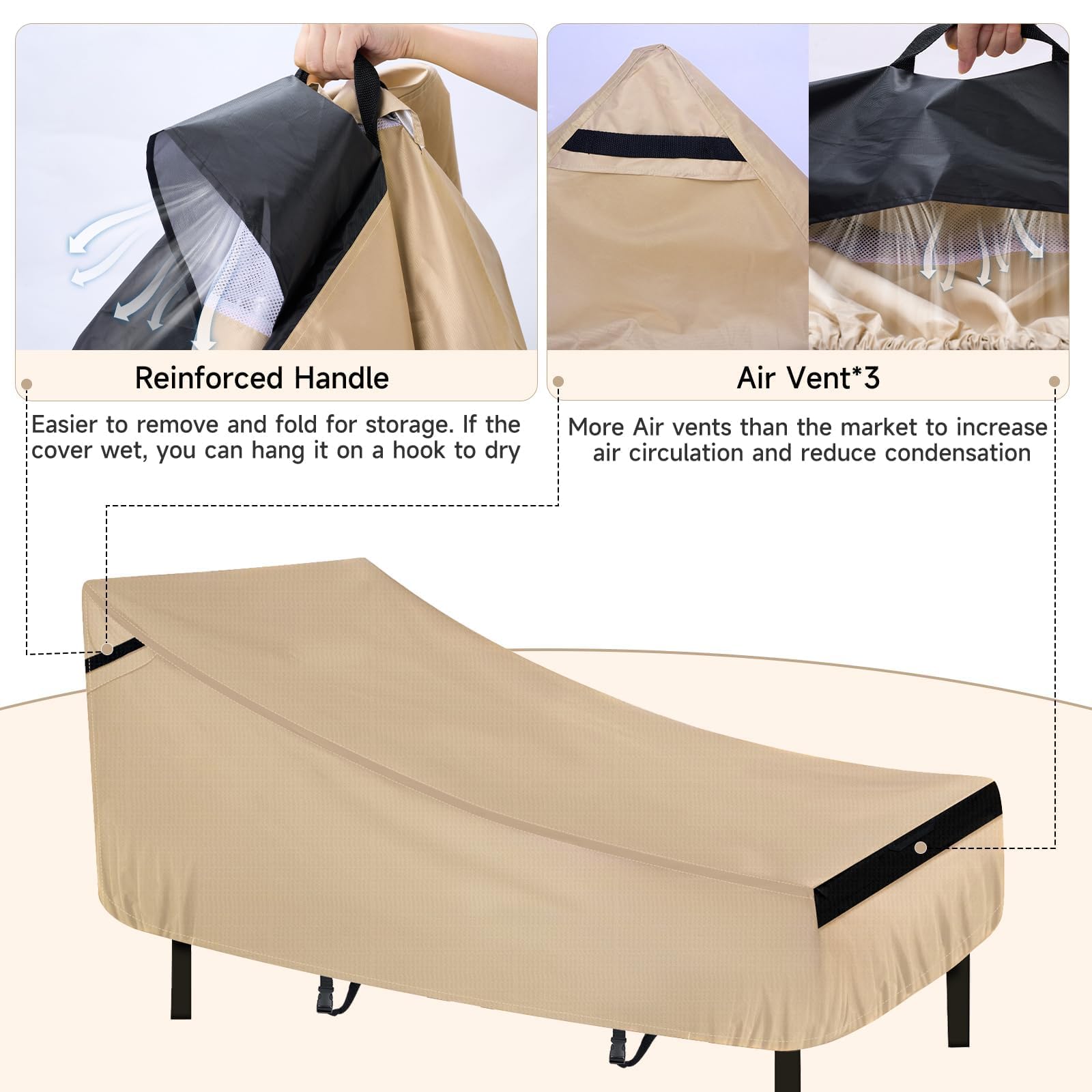 Juego de 2 fundas para tumbona, 420D, impermeables, para exteriores, con rejillas de ventilación y hebillas ajustables, protección para todo tipo de clima, 76 pulgadas de largo x 32 pulgadas 4