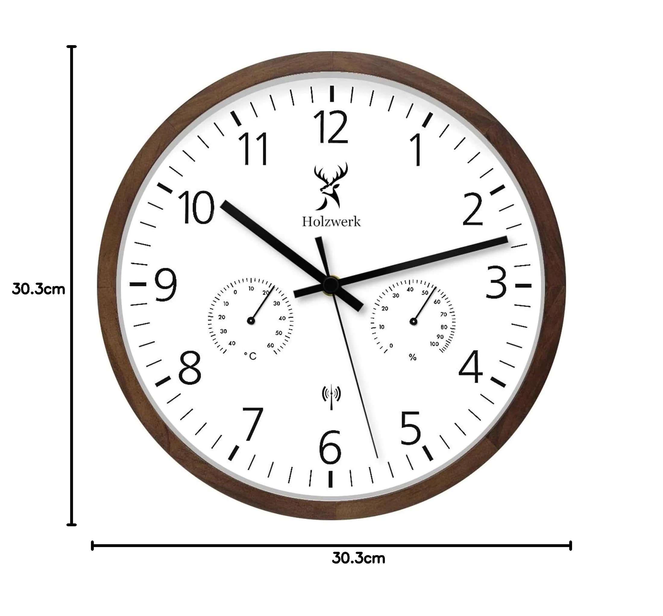 Holzwerk WEGBERG - Orologio da parete radiocomandato con indicatore di temperatura e igrometro Umidità, termometro, orologio in legno, movimento silenzioso, senza ticchettio, marrone, bianco, in legno