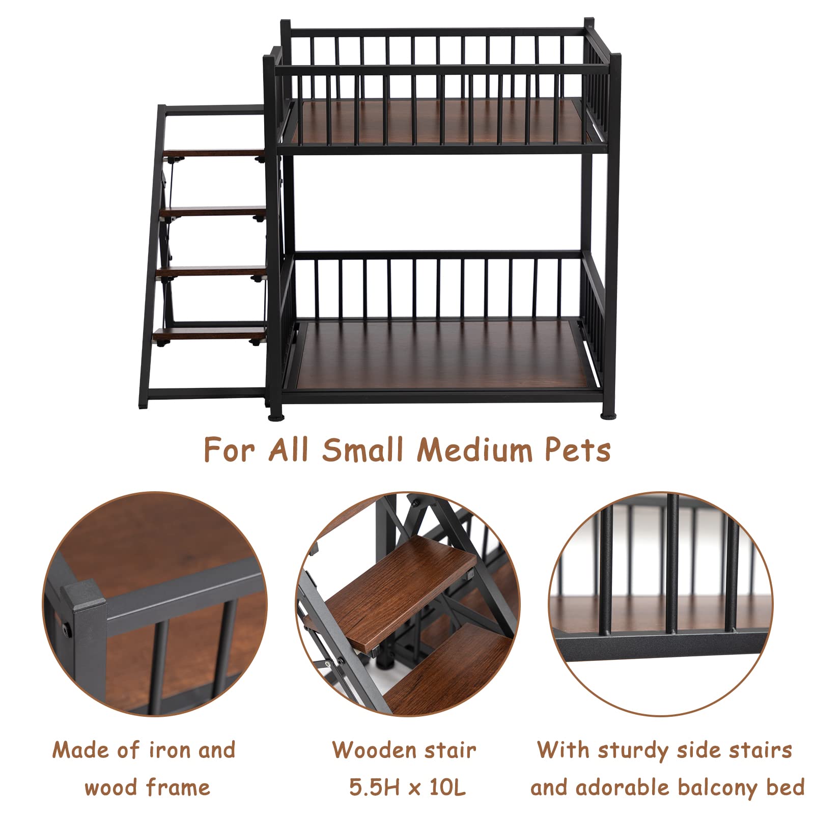 Hollypet Pet Bunk Bed for Small Medium Dogs and Cats, Raised Perch Wood & Iron Pet Furniture, Double Buddy Dog Houses with Stairs Balcony