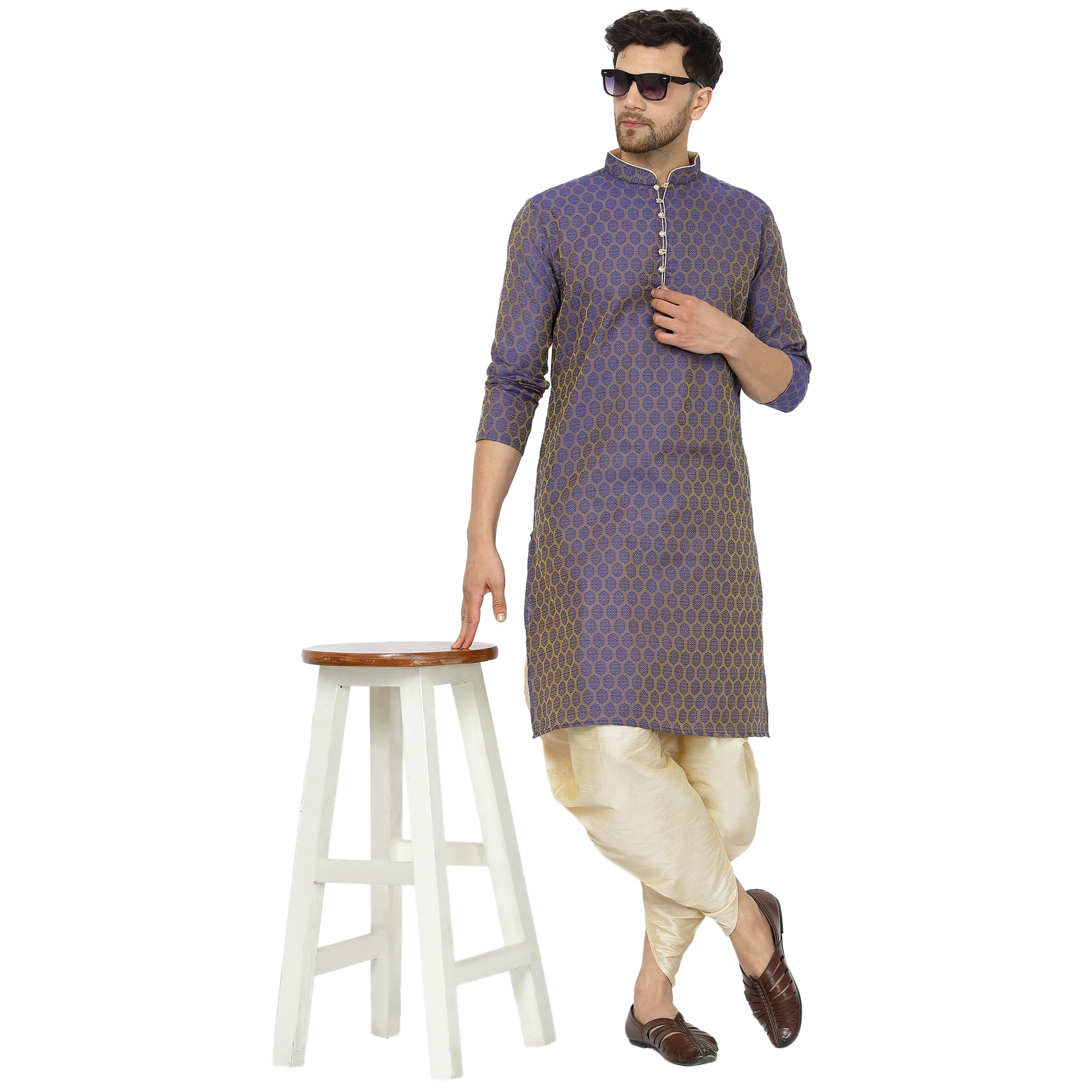 Sydney Heights Men’s Cotton Jacquard Kurta and salwar Dhoti Set, Royal Blue, Medium-image-37