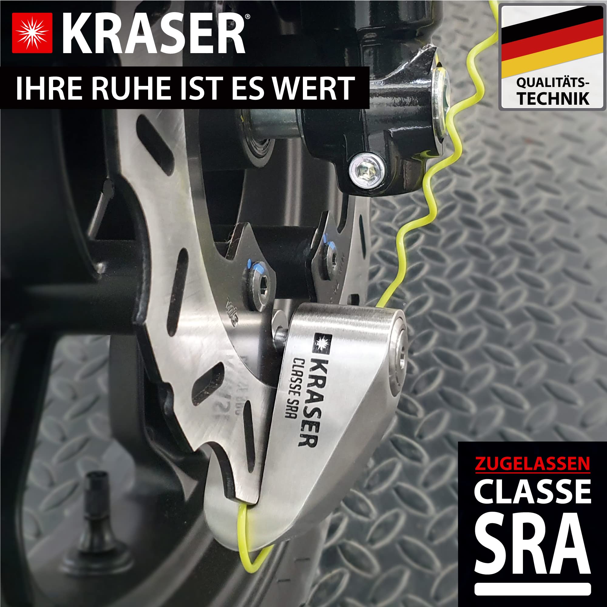 KRASER KR110S Bremsscheibenschloss mit SRA Zulassung, Motorrad Diebstahlsicherung, 10mm Doppelverschluss, 3 Schlüssel + Erinnerungskabel, Rostfreier Stahl, 10 mm