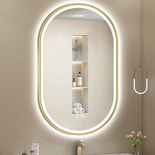 Miniatura 10 de S'bagno Espejo LED Dorado de 32X24 para baño con luz frontal y retroiluminación, espejo de baño LED con marco de metal, antivaho, regulable