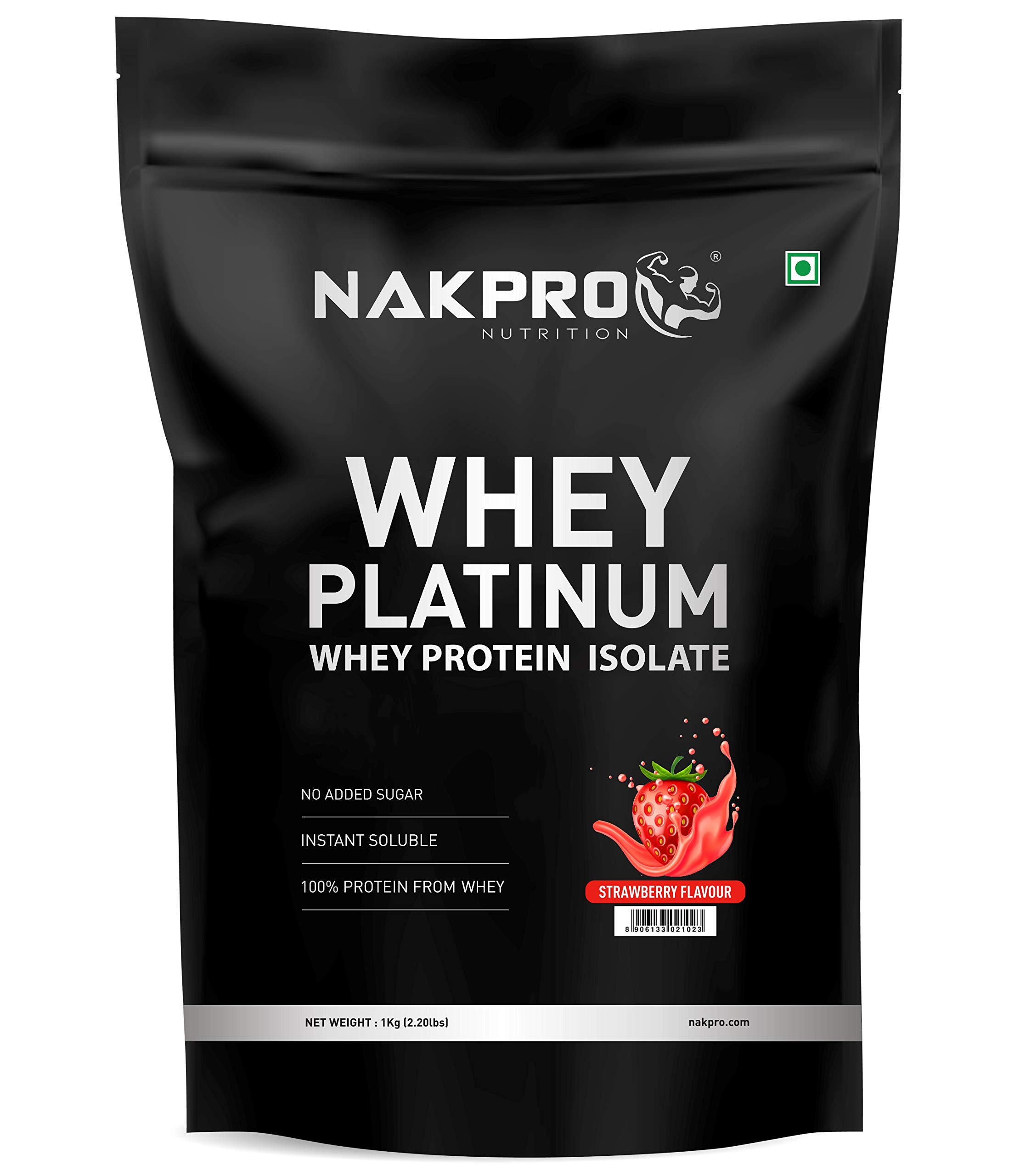 NAKPROPlatinum Whey Protein Isolate 1kg Strawberry | 28g Protein, 6.4g BCAA | Trustified Certified 100% Authentic Supplement Powder & No Adulteration | Low Carbs, Fast Absorbing Whey Protein Powder