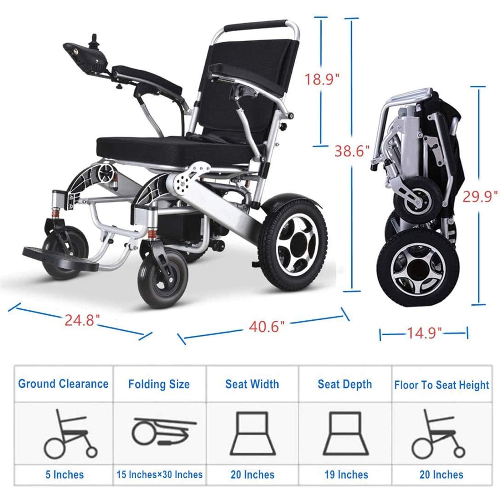 Silla de ruedas eléctrica ligera y plegable, silla de movilidad portátil con motores duales de 250 W y batería dual