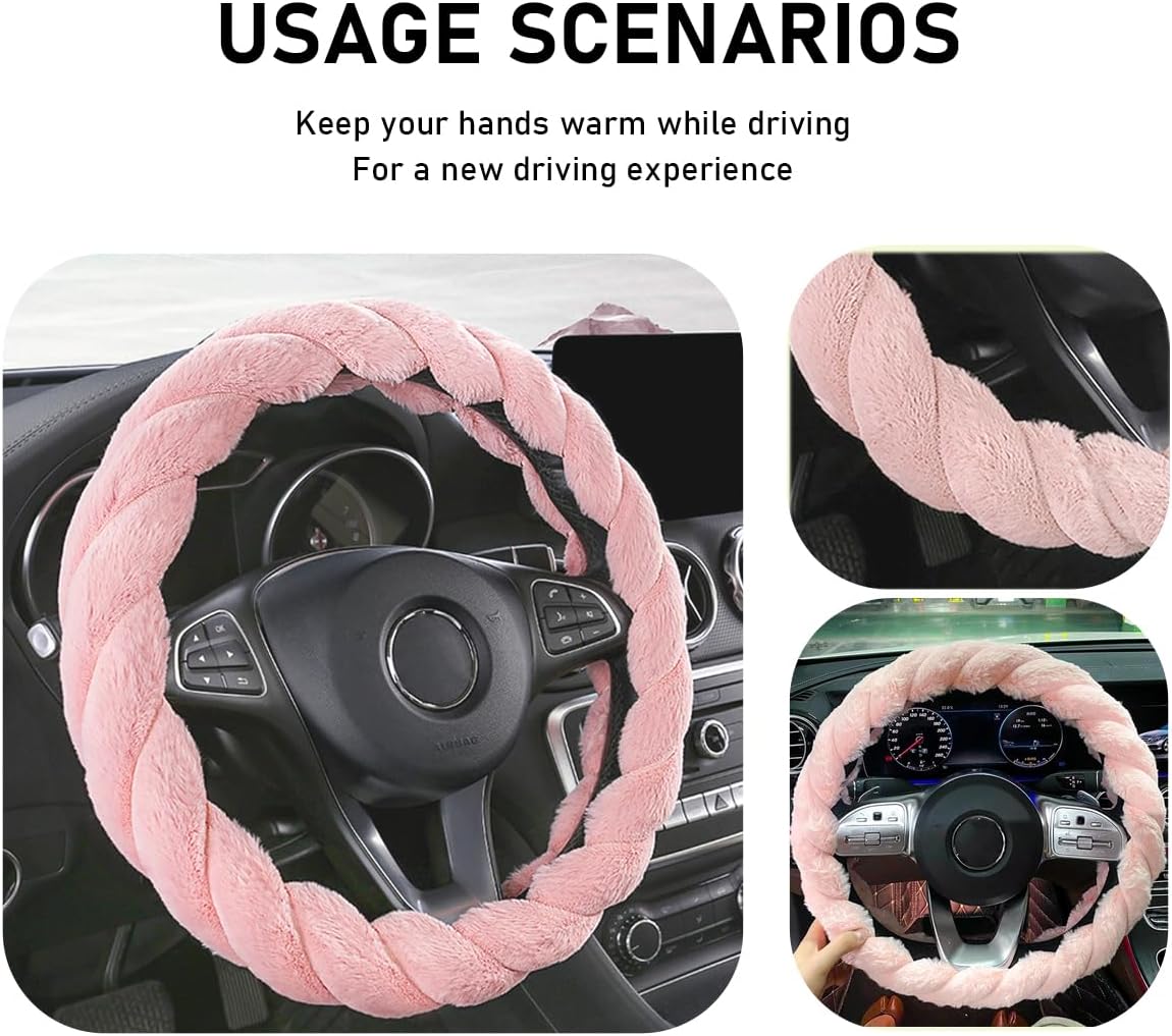 KVAEY Fluffy Car Steering Wheel Cover, 15 Inches Anti-Slip Round Fuzzy Winter Steering Wheel Protector, Soft Warm Plush Steering Wheel Cover for Women Girls, Car Accessories (Pink, Round)