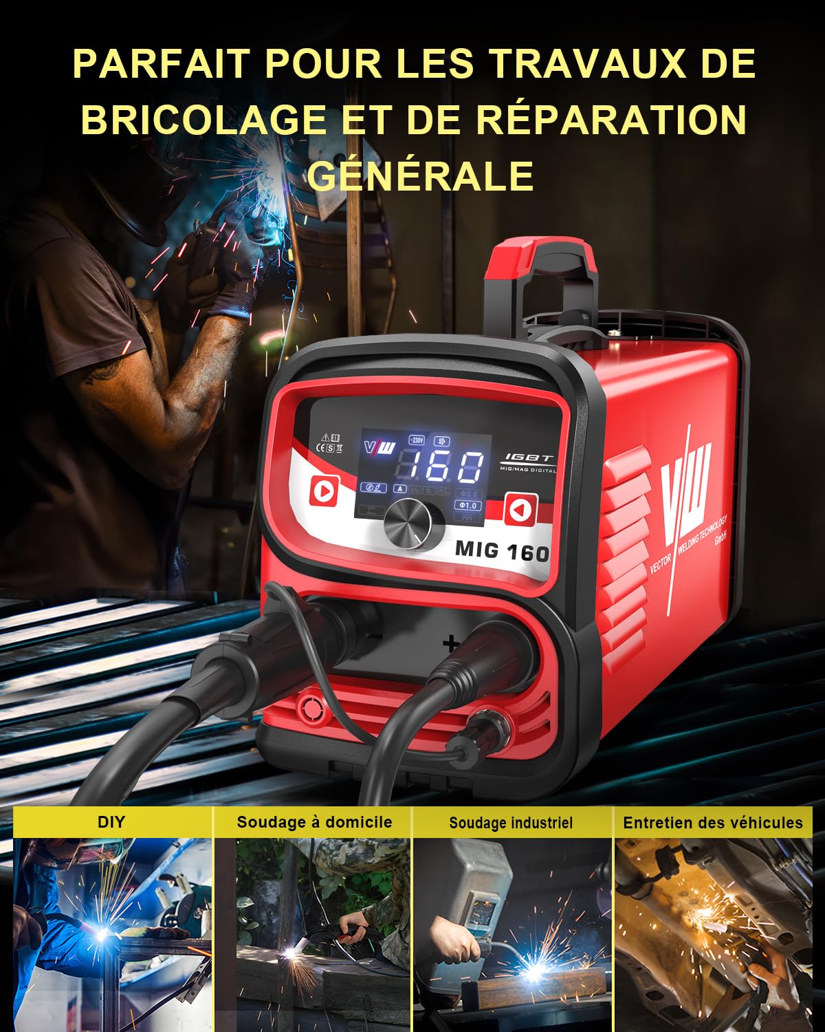 VECTOR WELDING Poste à Souder Fil Fourré Sans Gaz 160 A, Machine de Souder Inversor Mig Mag Portable avec écran LED, Soudeur à fil sans gaz MIG/MMA pour Débutants, IGBT MIG 160A Set
