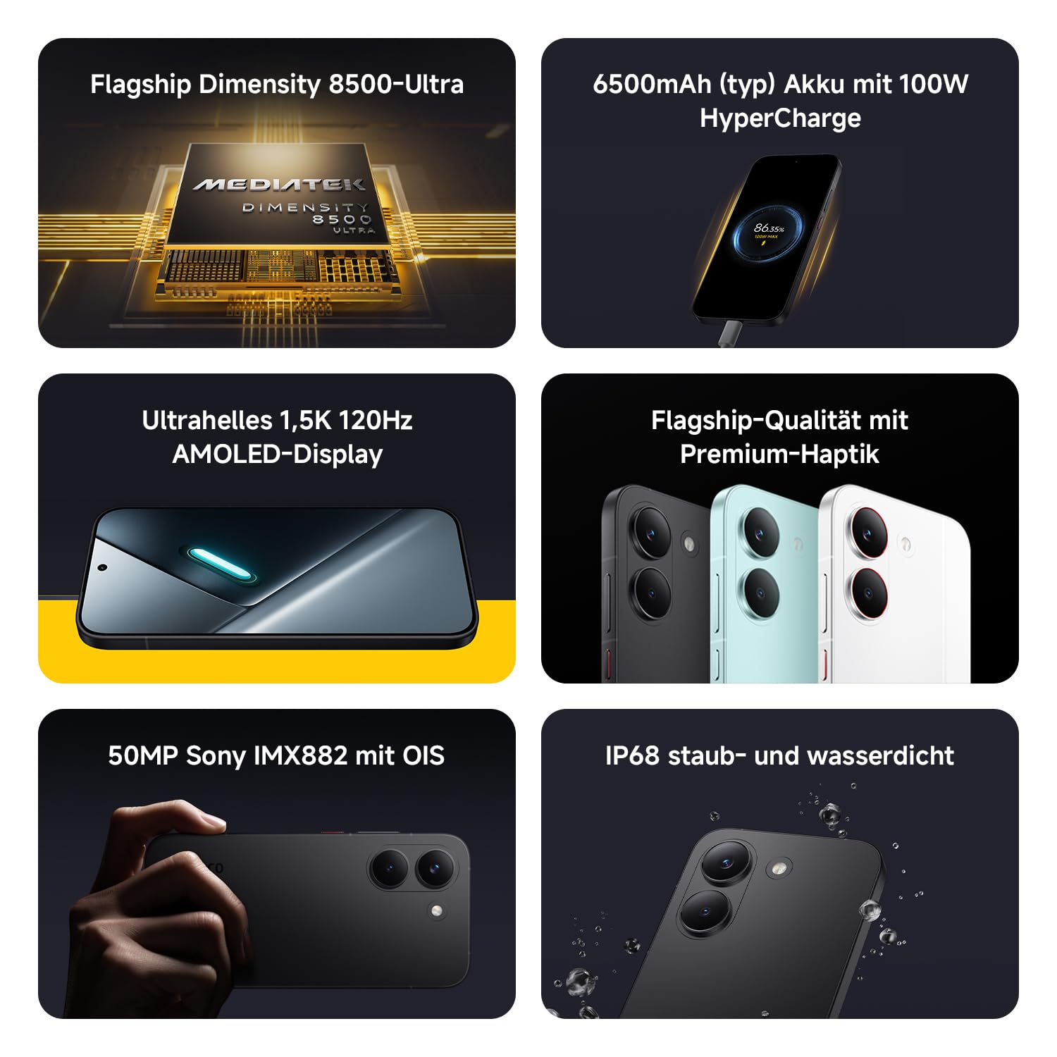XIAOMI Poco X8 Pro Smartphone 8GB+256GB, Handy mit Android, Dimensity 8500-Ultra Prozessor, 6500mAh Akku, Ultra-helles AMOLED Display, 50MP Sony IMX882 Hauptkamera mit OIS, Schwarz, 3 Jahre Garantie | 50MP Cam, 2511FPC34G
