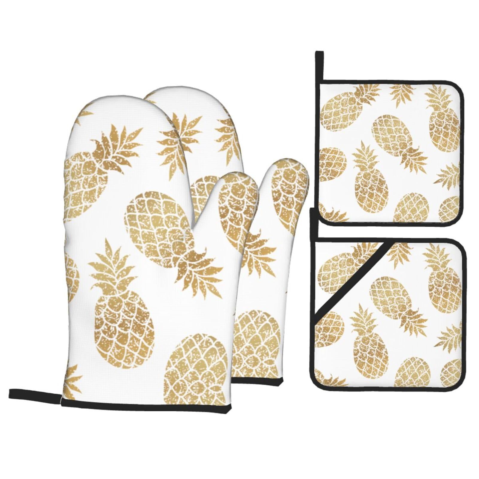 golden pineapple background Print Oven Microwaving Waterproof Kitchen Gloves for Baking Grilling Holiday Cooking