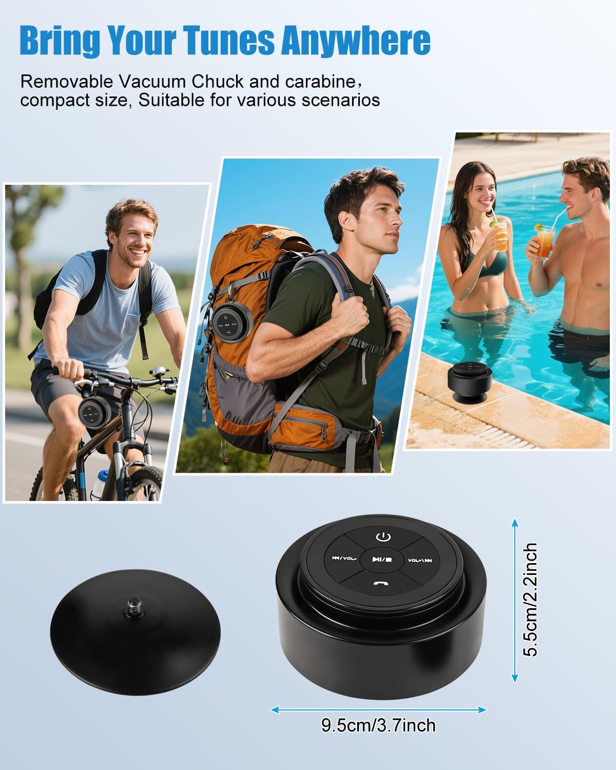 Shower Speaker Bluetooth Waterproof, Portable Mini Bluetooth Shower Speakers Waterproof with Suction Up and Clip, IPX7 Waterproof Floating Bathroom Speaker for Pool Beach Kayak, Beach Gifts（Black - Image 4