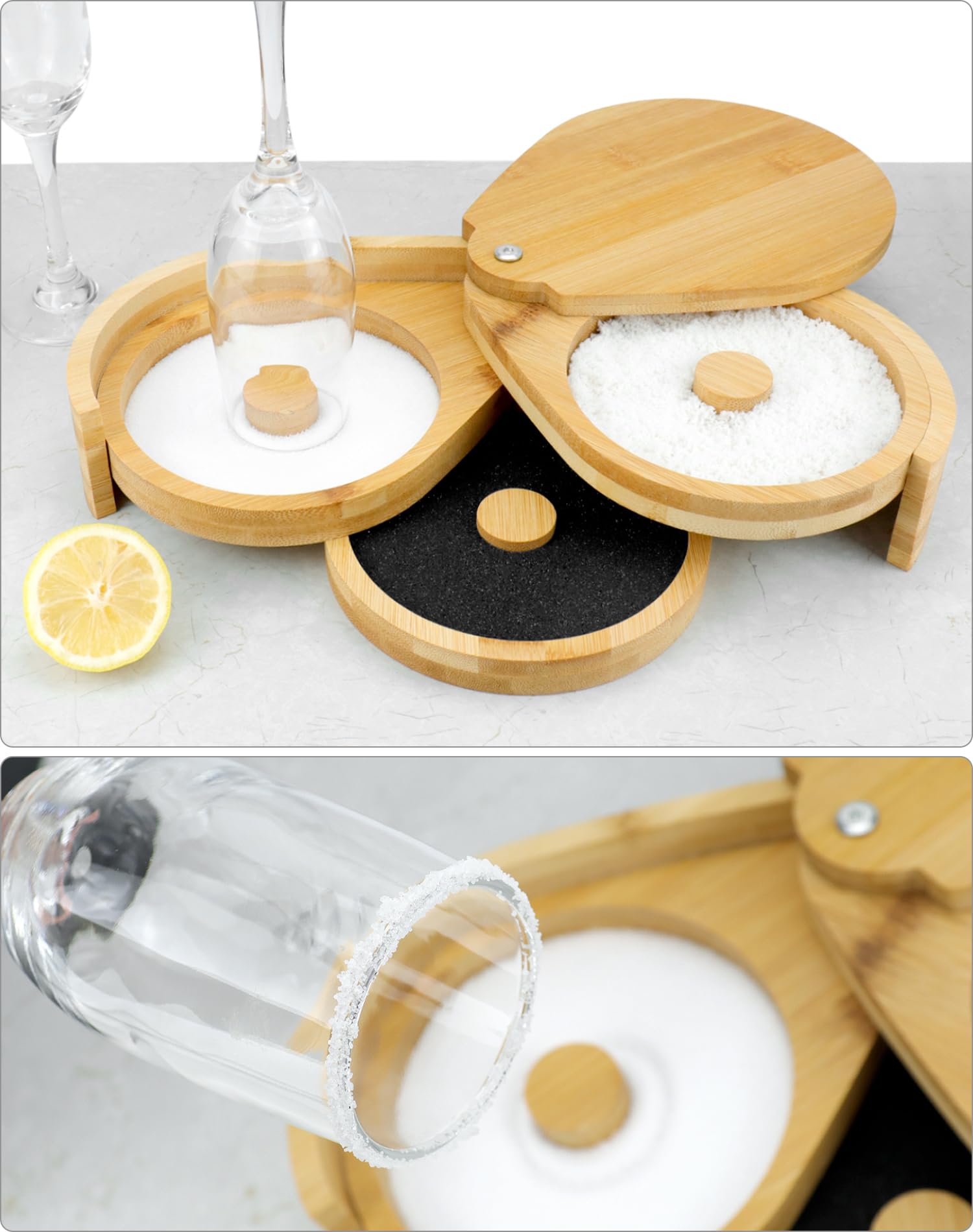 QWORK Bamboo 3-Tier Cocktail Glass Rimmer for Margarita, Bloody Mary, and Manhattan - Folding Design with Lid, Fits Up to 5.5