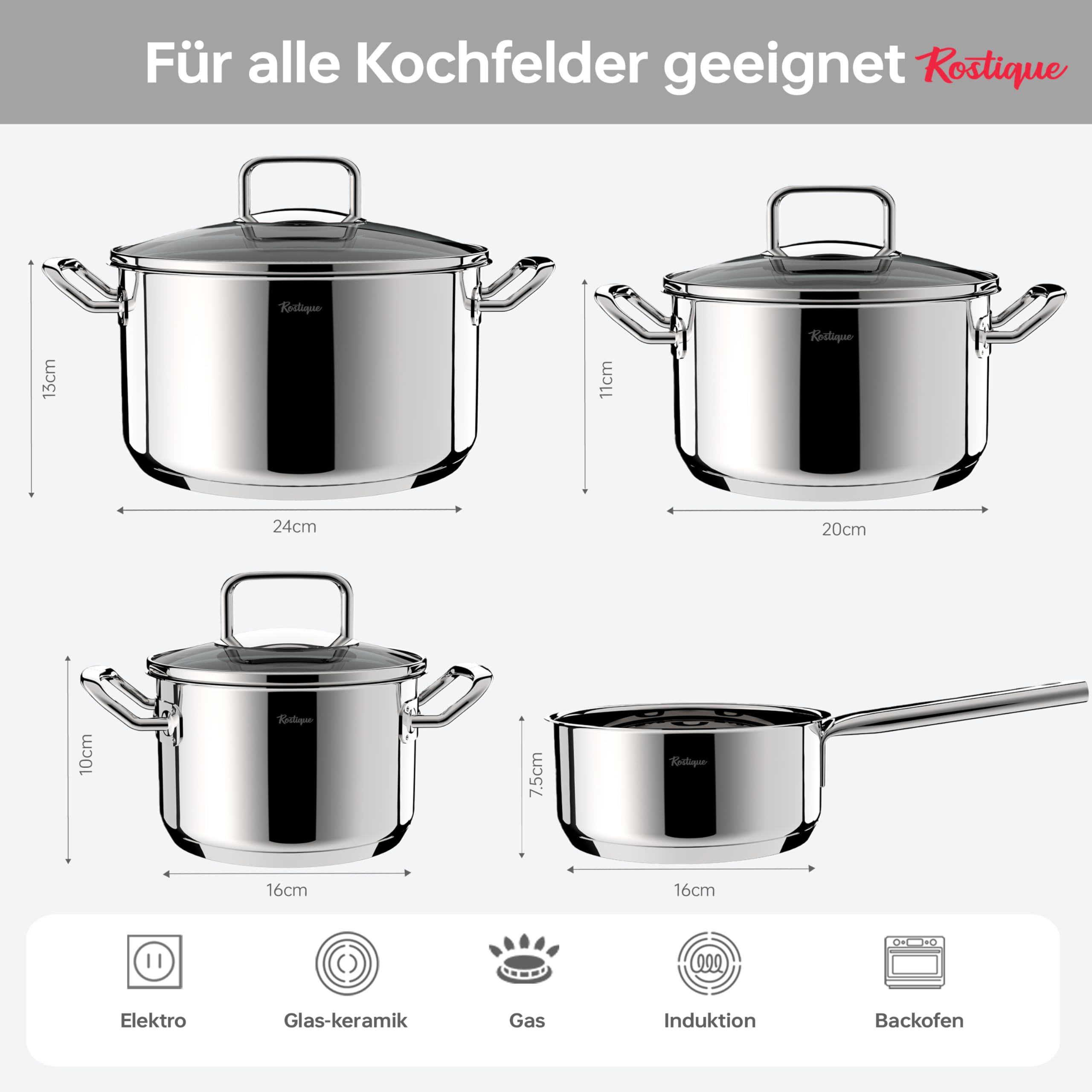 Juego de 4 utensilios de cocina de acero inoxidable, olla de 16 cm, olla de 16/20/24 cm, apta para todo tipo de fuegos, con tapa de cristal