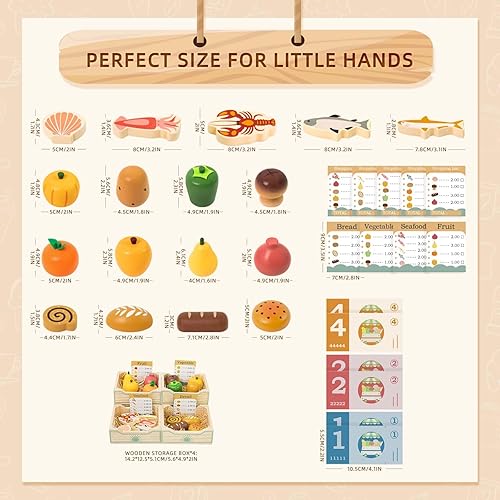 Miniatura 5 de Juegos de comida de madera para niños y niñas, juego de alimentos para jugar, juguetes para niños pequeños con bolsa de comestibles de malla y 4