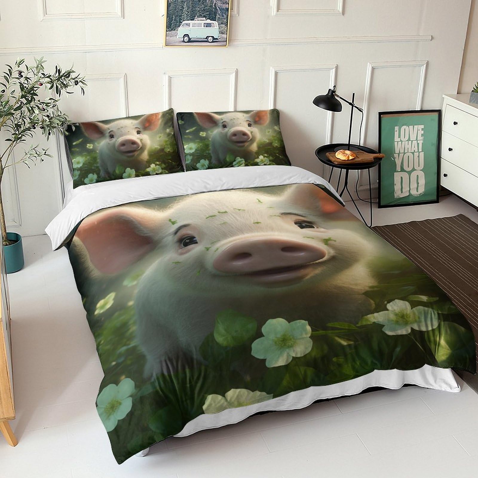 Parure de lit king 3D cochon mignon en microfibre douce avec 2 taies d'oreiller