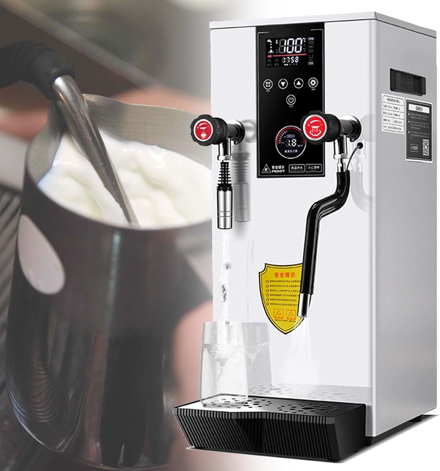 220V Steam Milk Frother, 2500W Electric Milk Frother, 12L Commercial Water Boiler with LCD Temperature Displays, White