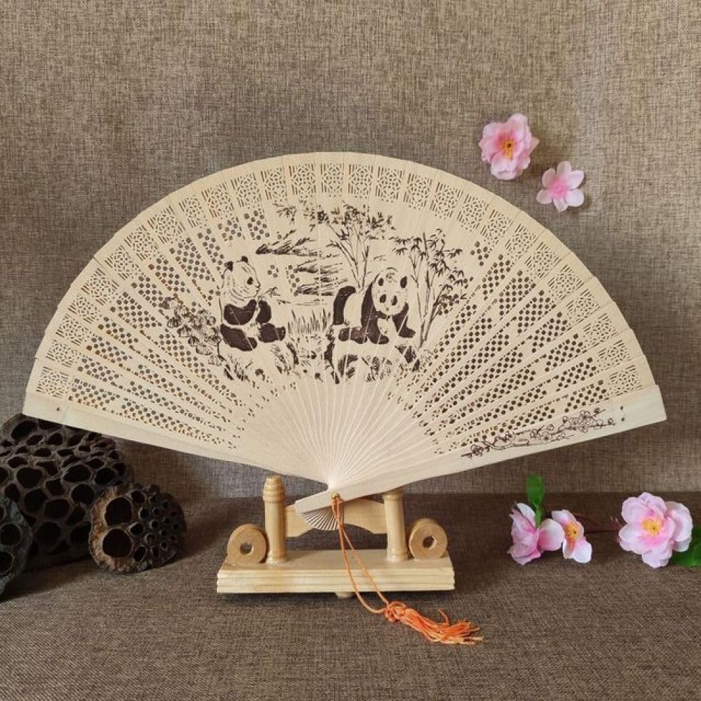 METTEOR Folding Fan Sandalwood Fan Hollowed Out Grass Wood Fan Carving Retro Craft Wood Fan National Style Classical Folding Fan Gift Fan Tea Pot