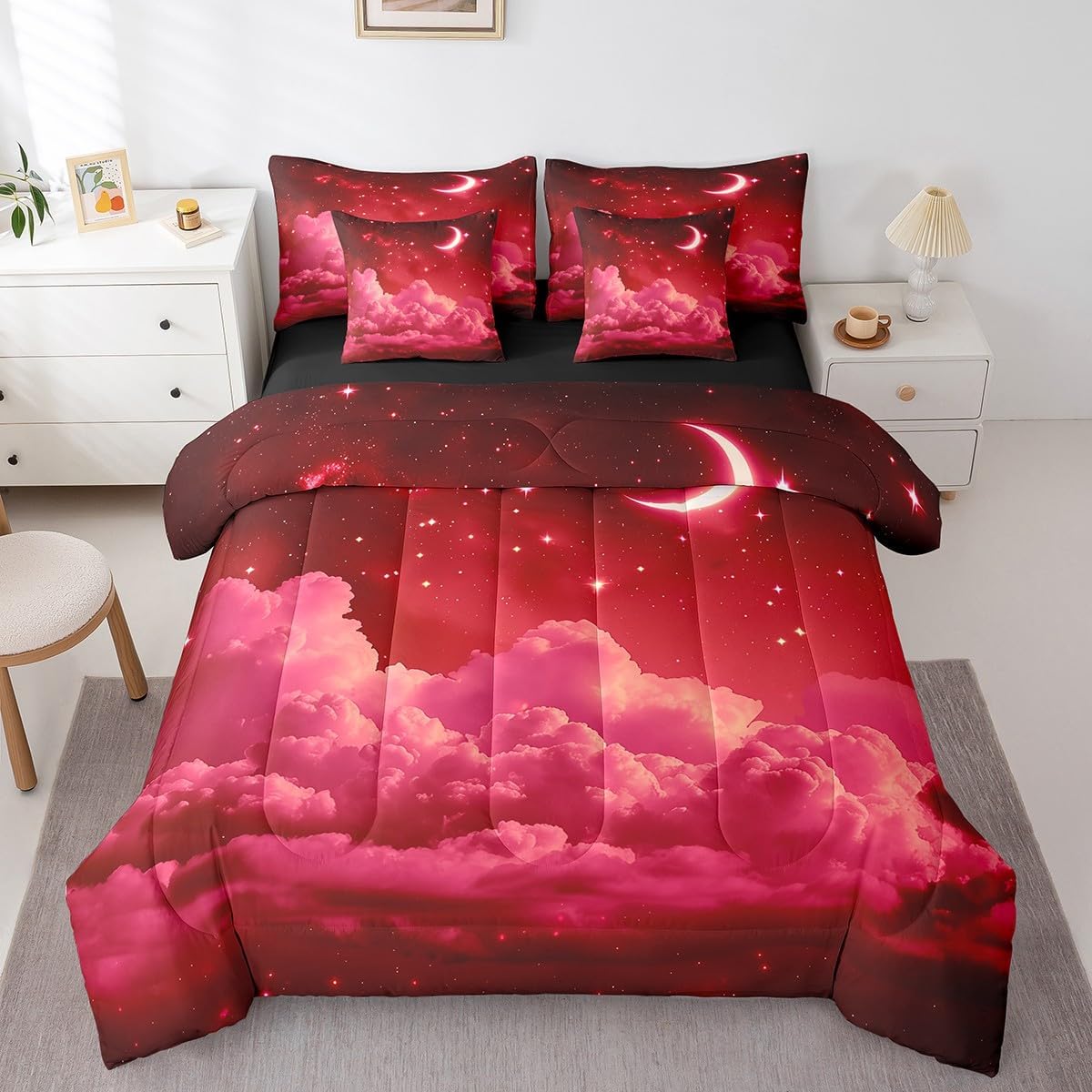 Erosebridal Red Galaxy Queen Bedding Set 7 Piece Starry Sky Bed in A Bag Stars Moon Clouds Comforter Set for Kids Boys Girls Adults Space Nebulas Sheet Set with Comforter