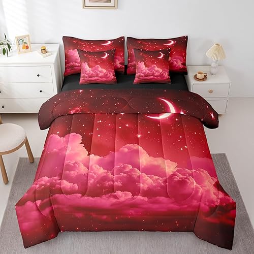 Erosebridal Red Galaxy Queen Bedding Set 7 Piece Starry Sky Bed in A Bag Stars M