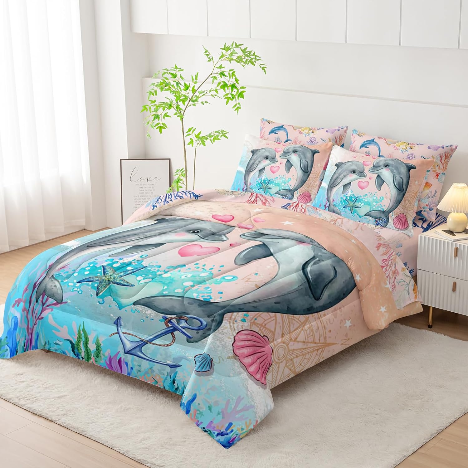 AILONEN Dolphin Comforter Set,Kawaii Jumping Dolphin Theme Bed in a Bag for Kids Girls Queen Size,Ocean Theme Bedding Set,1 Comforter & Fitted Sheet & Flat Sheet & 2 Pillowcases,2 Pillow Shams,7-Piece