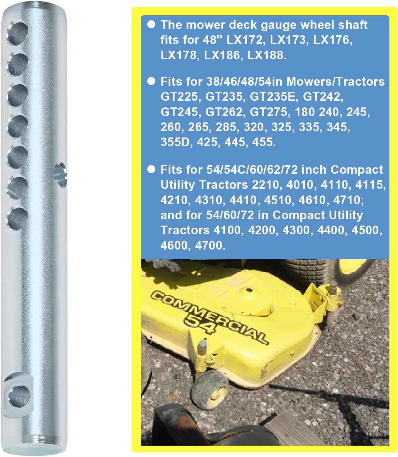 M110385 Mower Deck Gauge Wheel Arm Shaft Part Fit For JD Most Compact Utility Tractor & Lawn & Garden Tractors LX172 LX173 LX176 GT225 GT235 GT242 GT245 320 325 335 345 425 445 455 2210 4010 4110