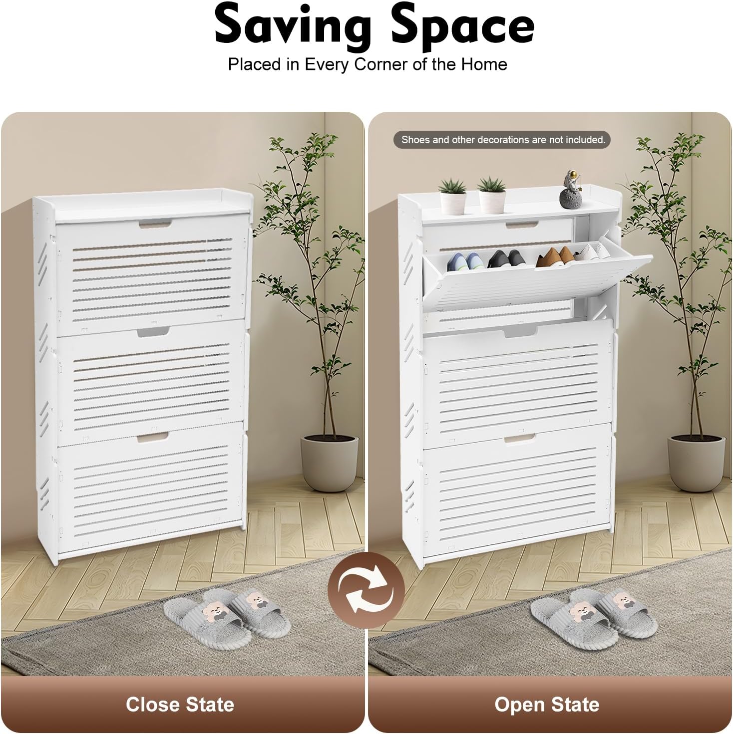 Shoe Storage Cabinet with 3 Flip Drawers, White Tipping Shoe Cabinet 27.5x6.6x42.9 Inch Freestanding Rack Hidden Slim Storage for Entryway, Hallway